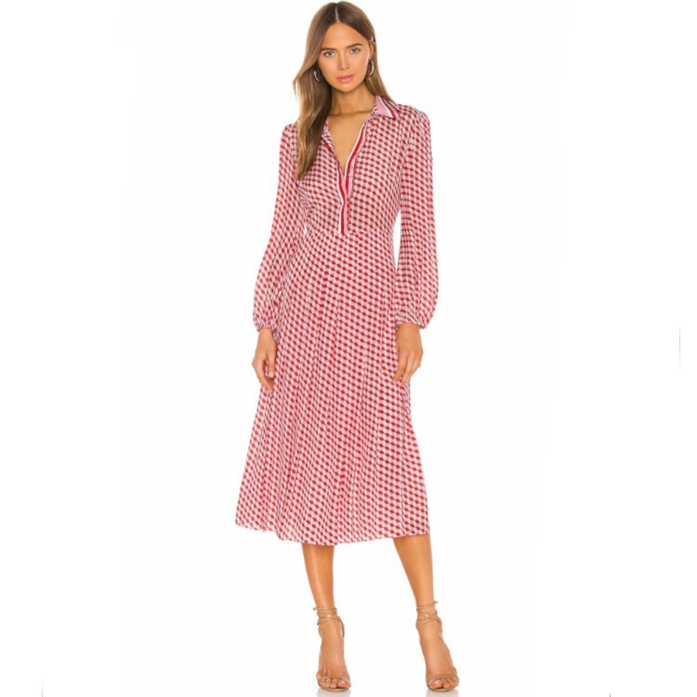 REVOLVE x MERGIM Anna Dress Checkered Silk Long Sleeve Shirt Midi Dress Size 2
